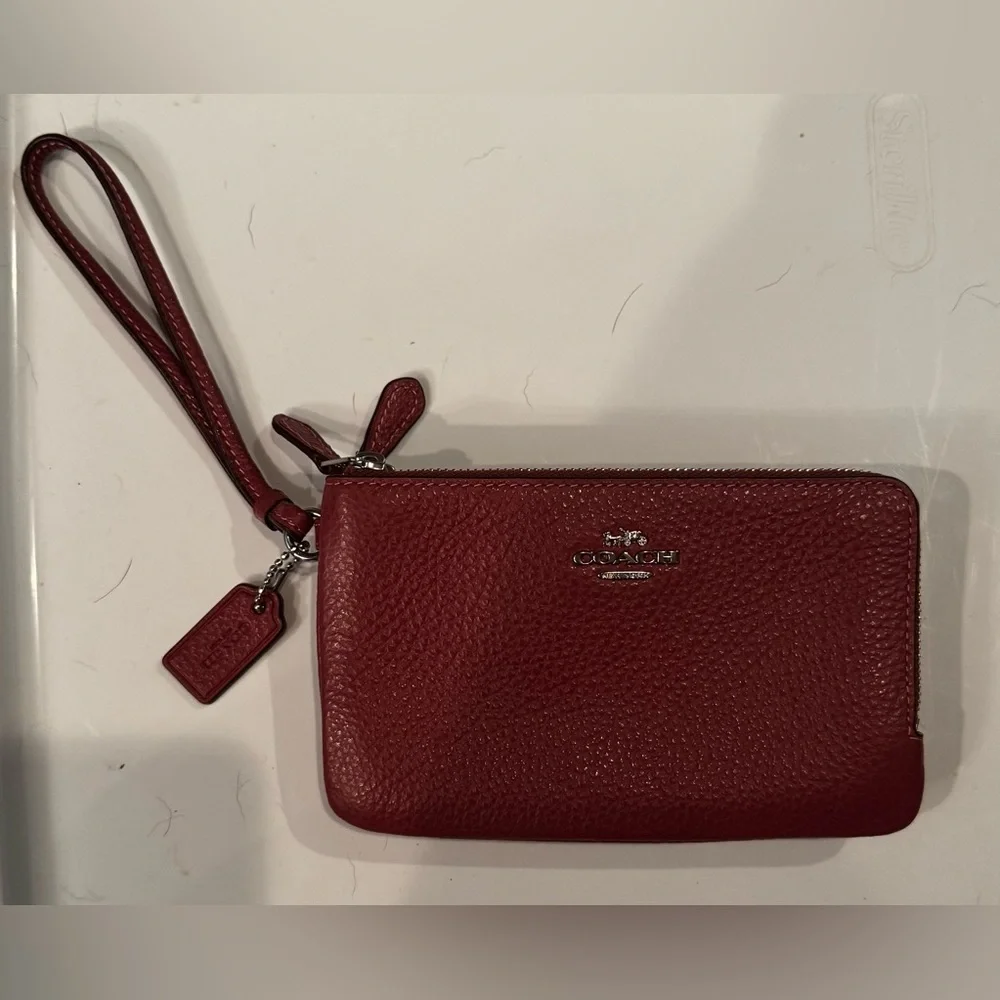Coach Light Raspberry Pebbled Leather Wristlet with Double 3/4 Zipper with Cards